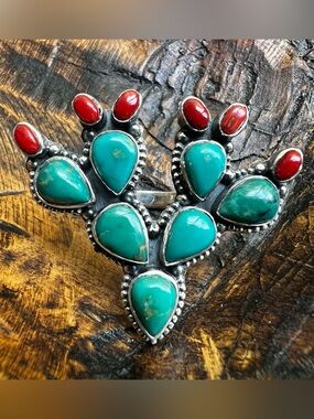 Sterling Kingman Turquoise Red Coral Cactus Ring Size 8 Statement Ring